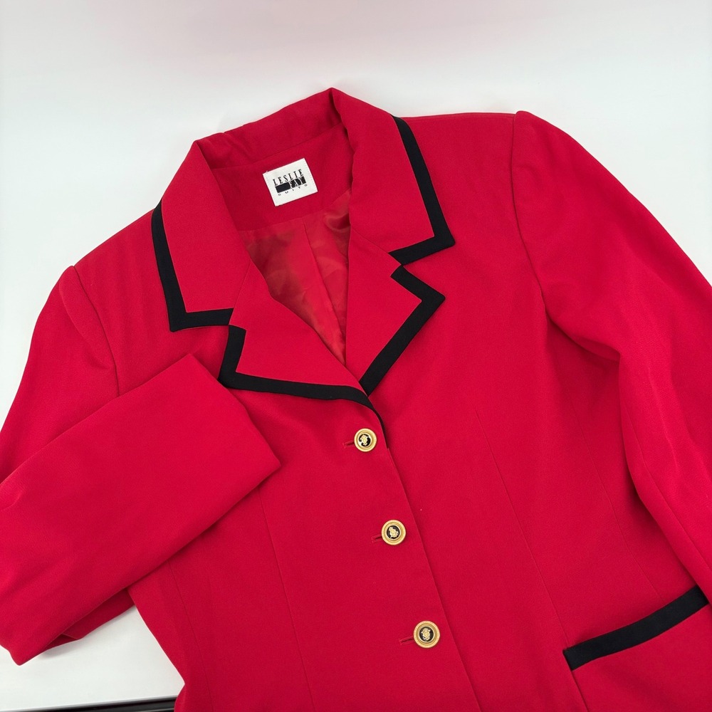 Leslie Fay Women's Red Black Trim Blazer Suit Jacket Button Front Office Career